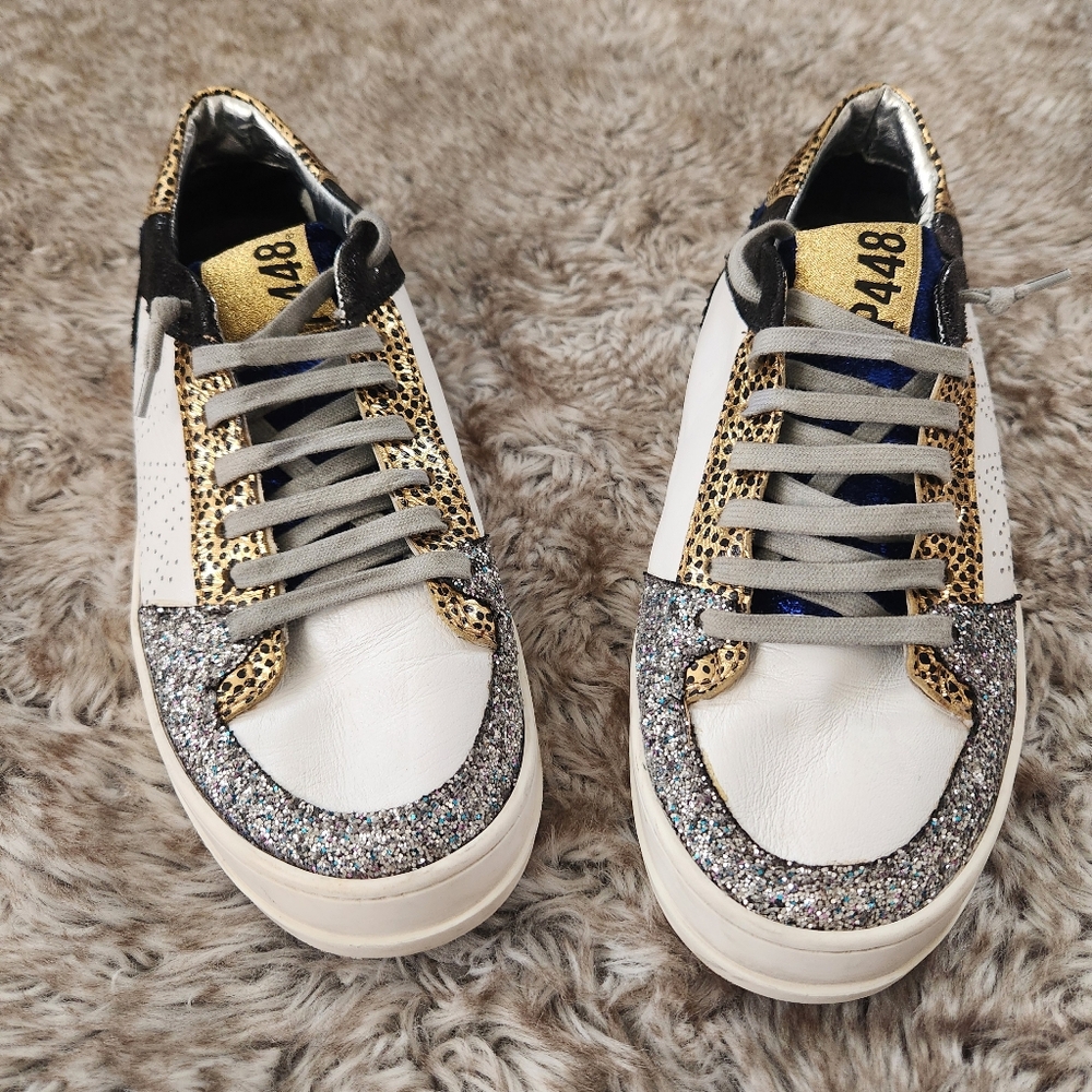 P448 John Women's Queens Italian Leather White Pearl Glitter Sneakers Size EU 40